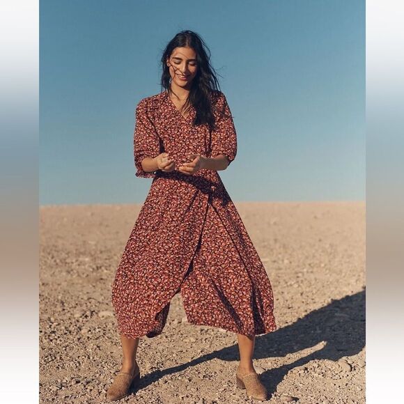 Madewell Long-Sleeve Crossover Midi Dress in Clipdot Spring Prairie Medium - Picture 1 of 5